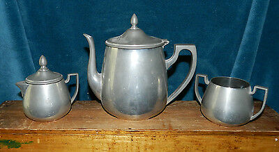 NICE ANTIQUE VINTAGE PEWTER TEAPOT, CREAMER & SUGAR. CONCORD PEWTER