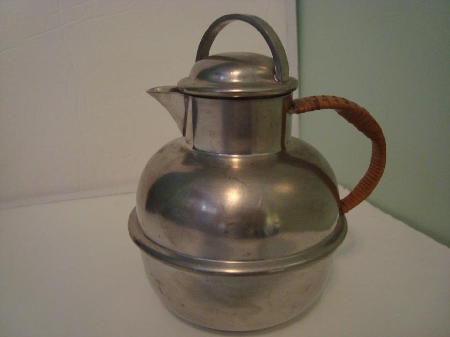 Pewter #3220 Small Tea Pot with Woven Cane Covered Handle Vintage