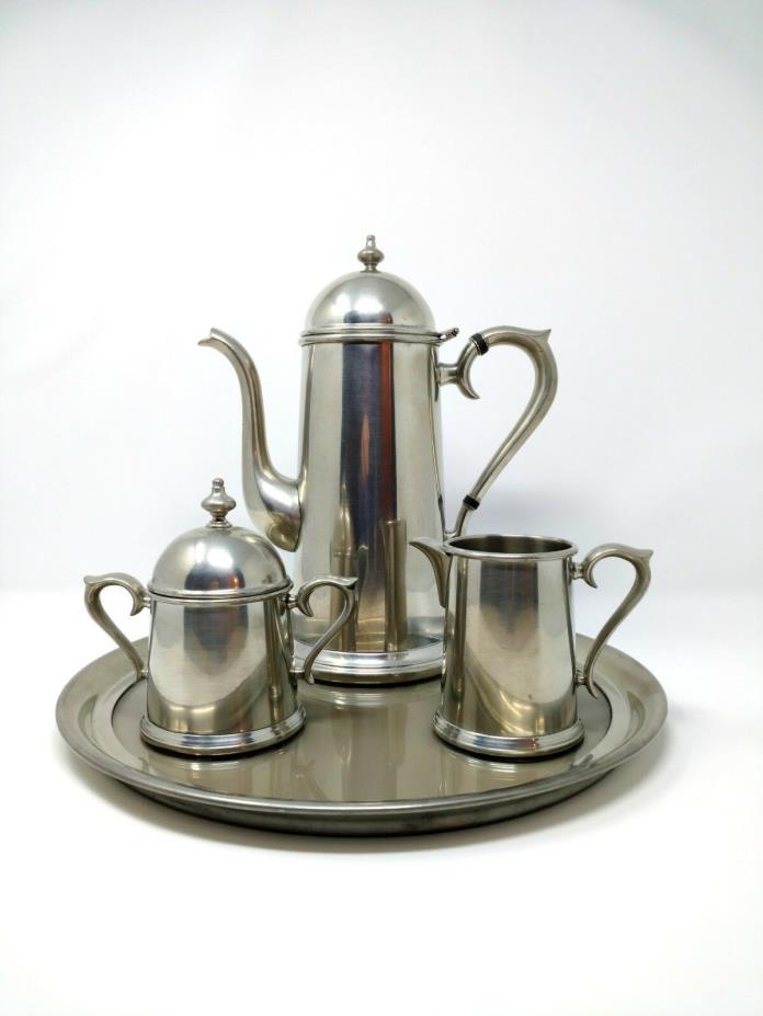 Newburyport Pewter Tea Coffee Service Set, Tray, Pot, Creamer, Sugar