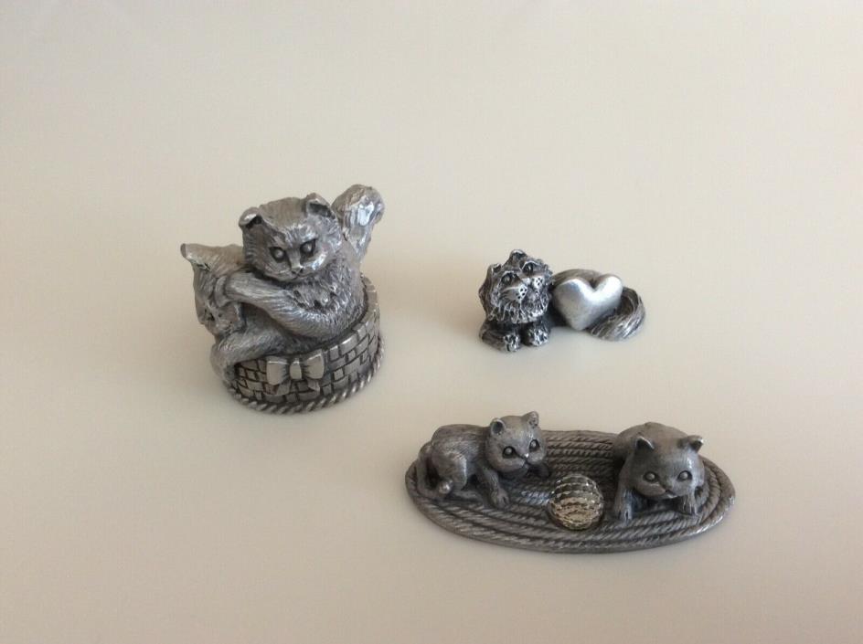 Vintage Lot of 3 Spoontiques Pewter Cat Figurines Miniatures - 1 W/Crystal Prism
