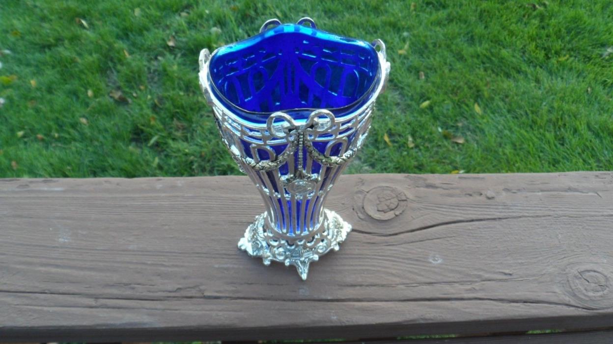Vintage Godinger Silvertone Cobalt Blue Flowers Vase