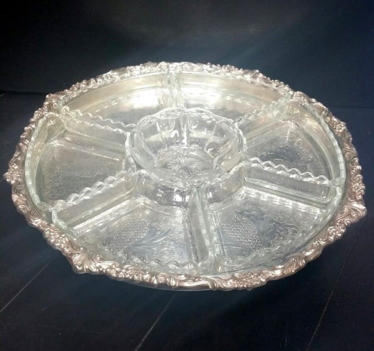 Vintage Sheridan Silver Plate Rotating Platter Tray W/ Glass Trays