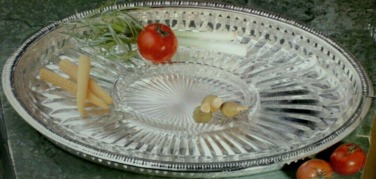 Silver Plated oval  Relish Tray w/ 5-Part Divided crystal Glass Insert 13 1/2