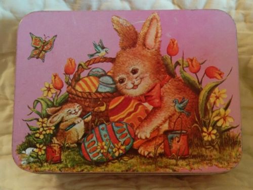 Vintage Easter Tin Box metal bunnies collectible