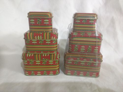 2 sets / 6  Mini Stackable Art Deco Christmas Holiday Tins Trinket Gift Cubes