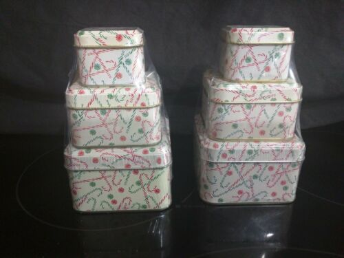2 sets / 6  Mini Stackable Art Deco Candy Cane Christmas Tin Trinket Gift boxes