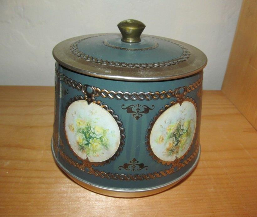 VTG Round Green DECORATIVE candy cookie TIN with LID FLORAL Yellow ROSES BRAZIL