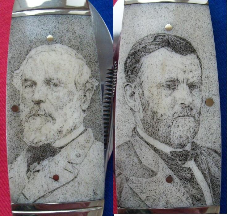 Scrimshaw Civil War Knife with Robert E. Lee and Ulysses S. Grant