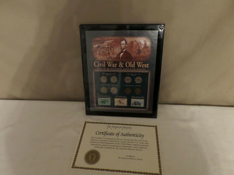 Treasury of the Civil War & Old West Framed Coins Stamps COA
