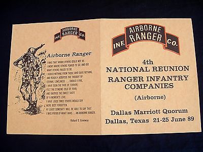 Vtg 1989 US Army 4th National Reunion Ranger INF CO Airborne Banquet Korean War