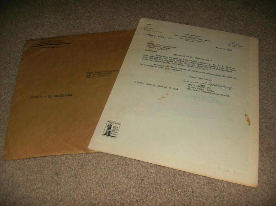 LOT OF 3 -  COPIES OF RADIO SETS SCR-808 & SCR-828 TEST  W/ LETTER ENVELOPE 1943