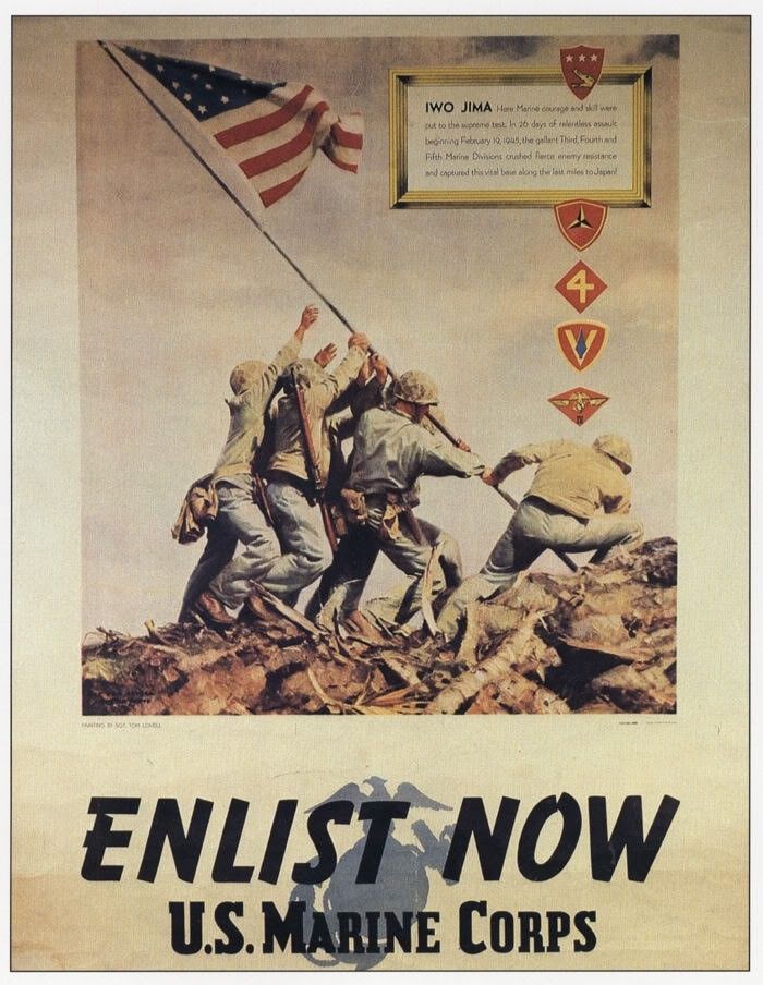 Enlist NOW: US Marine Corps (Flag on Iwo Jima) WWII Mini Poster (1991 Bookplate)
