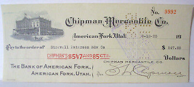 1925 CHECK FROM THE CHIPMAN MERCANTILE CO. AMERICAN FORK, UTAH
