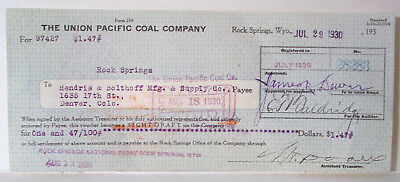 1930 CHECK FROM THE UNION PACIFIC COAL COMPANY