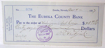 1907 check from EUREKA COUNTY BANK EUREKA, NEVADA VERY RARE