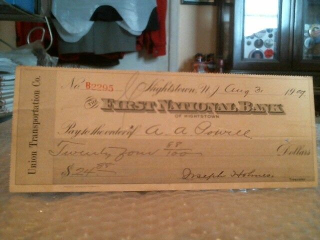 THE FIRST NATIONAL BANK OF HIGHTSTOWN, N.J. CANCELED CHECK #B2295 DATED 1909
