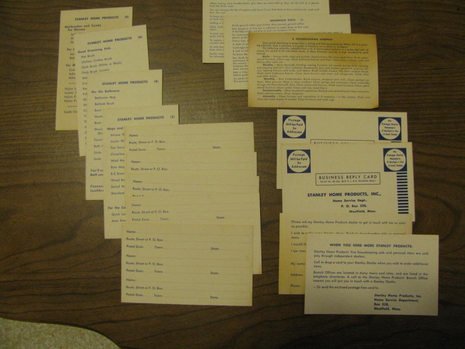 1957 Stanley Home Products Inc Salesman Cards, Products Lists, Household Hints