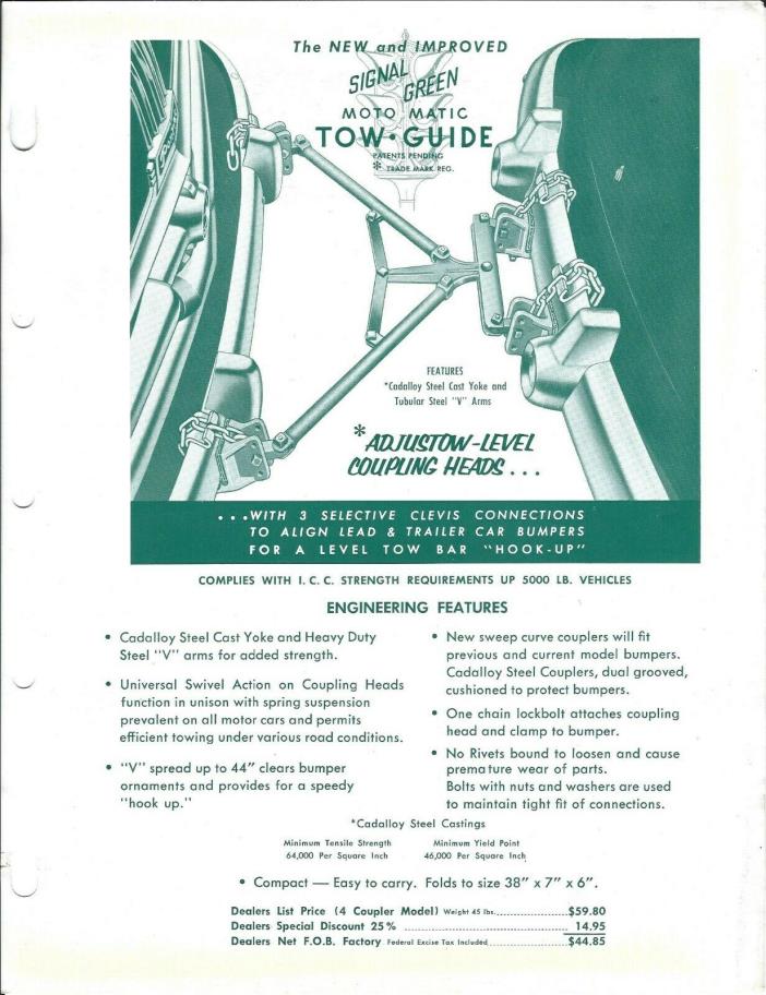 MRO Brochure Ad - Signal Green - Moto Matic - Tow Guide - c1960's (MR227)