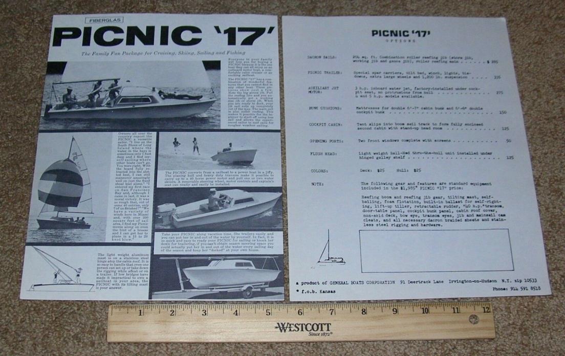 Vintage PICNIC '17' Cruiser Sailboat Boat Dealer Sales Brochure + Options List
