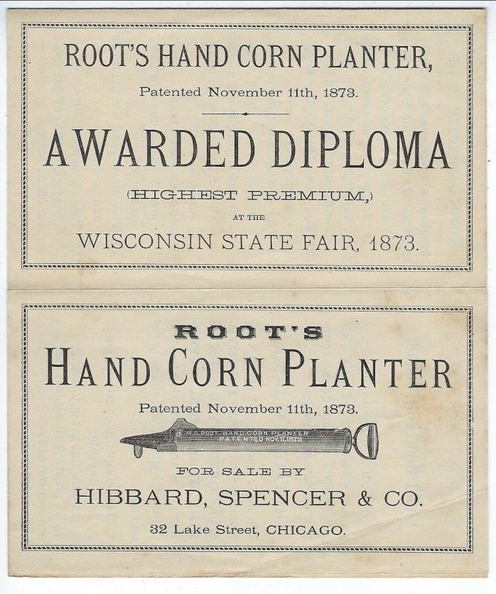 c1874 Brochure, Root's Hand Corn Planter, Hibbard, Spencer Co, Chicago