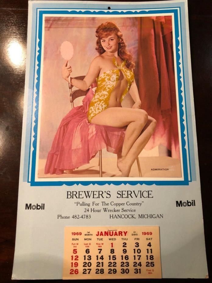 Original 1969 Pinup Advertising Calendar - Brewer’ Wrecker Service - Hancock Mi.