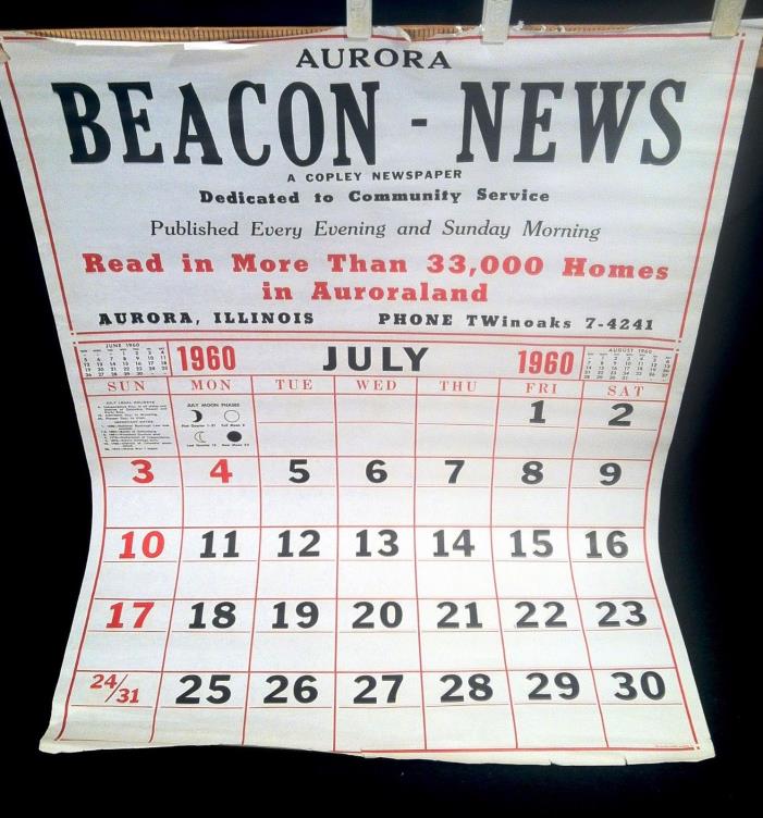 Vintage 1960 July Birthday Month Calendar Page Sign Nice Framing Size 20 x 26