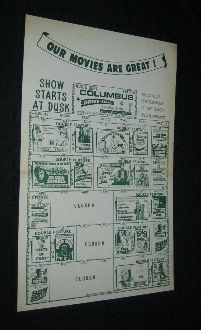 Original CINEMA CALENDAR COLUMBUS KANSAS Bruce Lee PAUL NEWMAN Yog BURT REYNOLDS