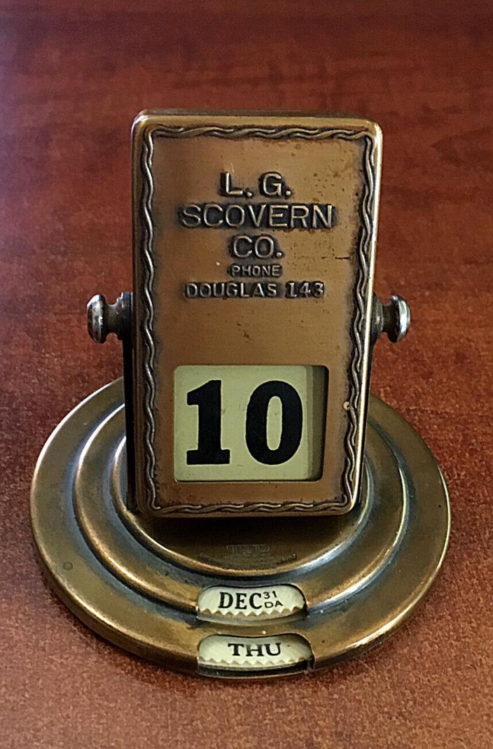 Vintage L.G. Scovern Company Brass Finish Perpetual Flip Desk Calendar