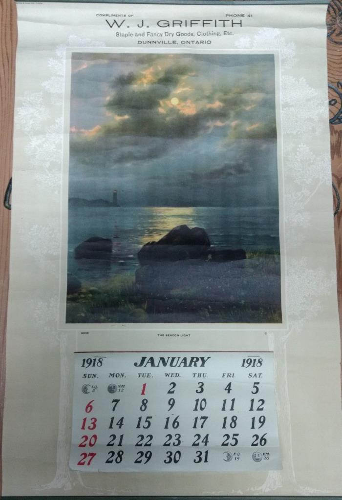 1918 Calendar Vintage Advertising. Lighthouse Scene, Dunnville, ON