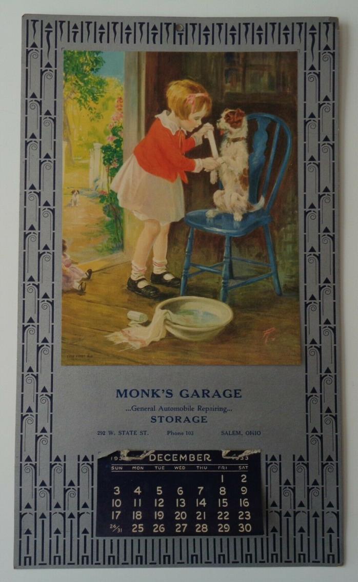 Advertising Calendar 1933 Monks Garage Girl Dog First Aid Salem Ohio