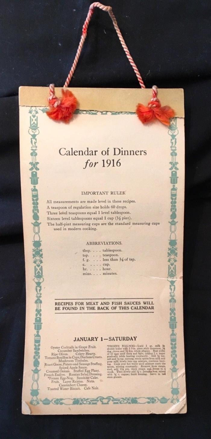 ANTIQUE PAPER EPHEMERA CALENDAR OF DINNERS FOR 1916