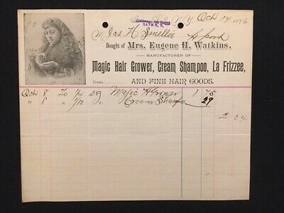 USED BILLHEAD 1876 MRS EUGENE WATKINS BATH NY HAIR GOODS ILLUS WOMAN W/LONG HAIR