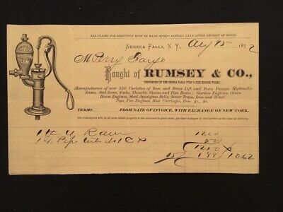 USED BILLHEAD 1872 RUMSEY & CO SENECA FALLS NY PUMP & FIRE ENGINE WKS ILLUS PUMP
