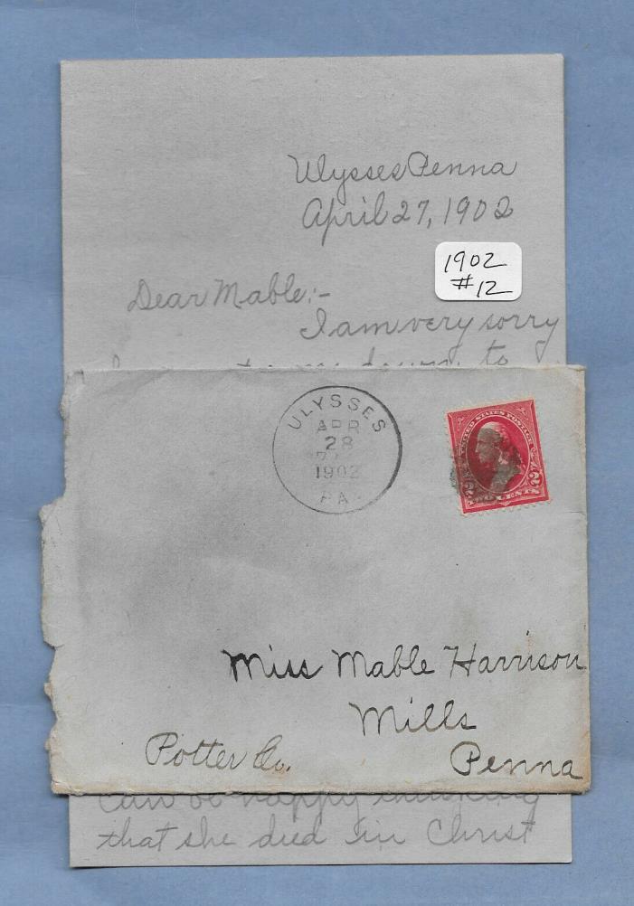VINTAGE HAND WRITTEN LETTER 1902 MILLS PA STAMPED POSTMARKED ENVELOPE #12