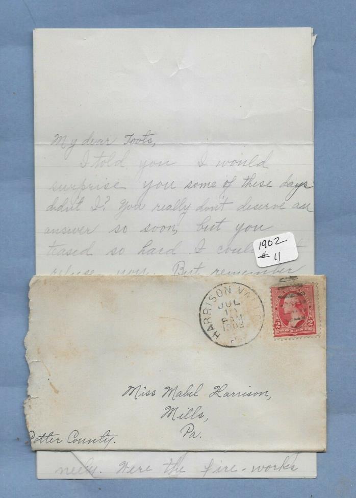 VINTAGE HAND WRITTEN LETTER 1902 MILLS PA STAMPED POSTMARKED ENVELOPE #11