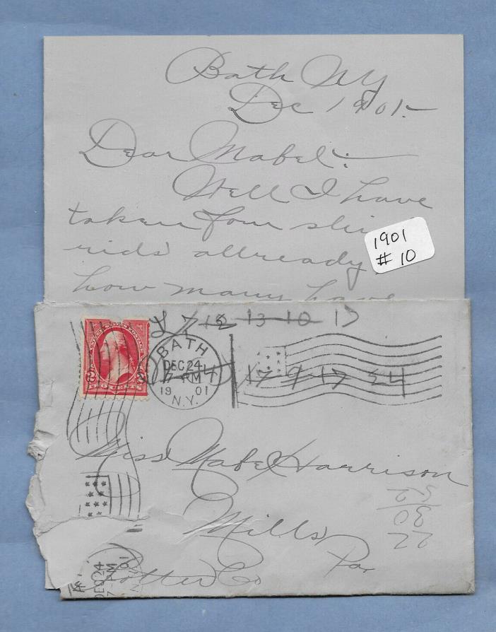 VINTAGE HAND WRITTEN LETTER 1901 MILLS PA STAMPED POSTMARKED ENVELOPE #10