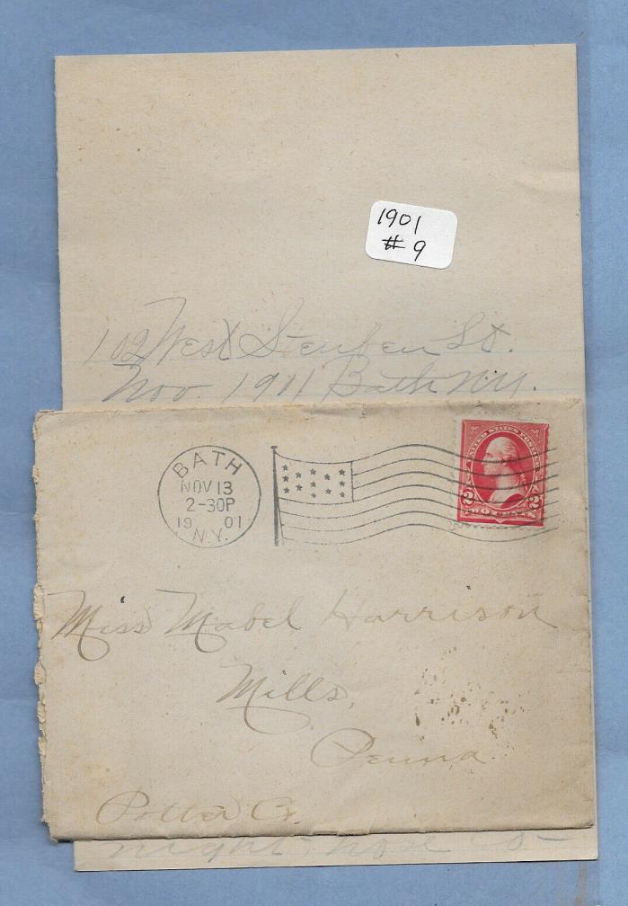VINTAGE HAND WRITTEN LETTER 1901 MILLS PA STAMPED POSTMARKED ENVELOPE #9
