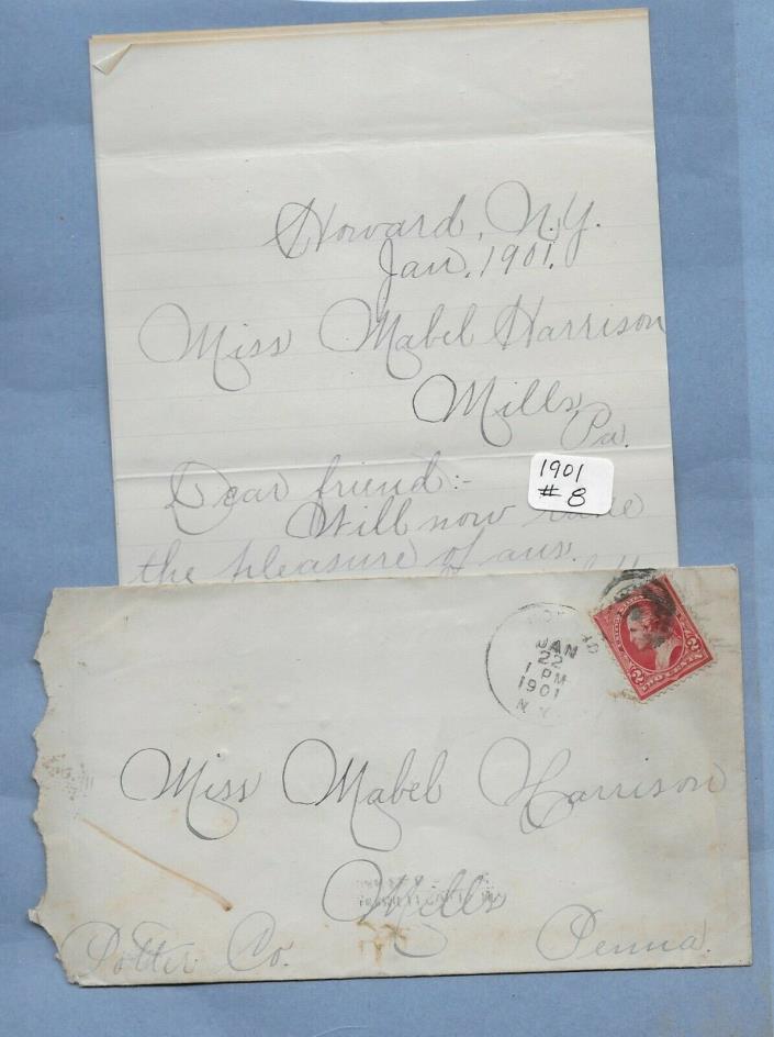 VINTAGE HAND WRITTEN LETTER 1901 MILLS PA STAMPED POSTMARKED ENVELOPE #8