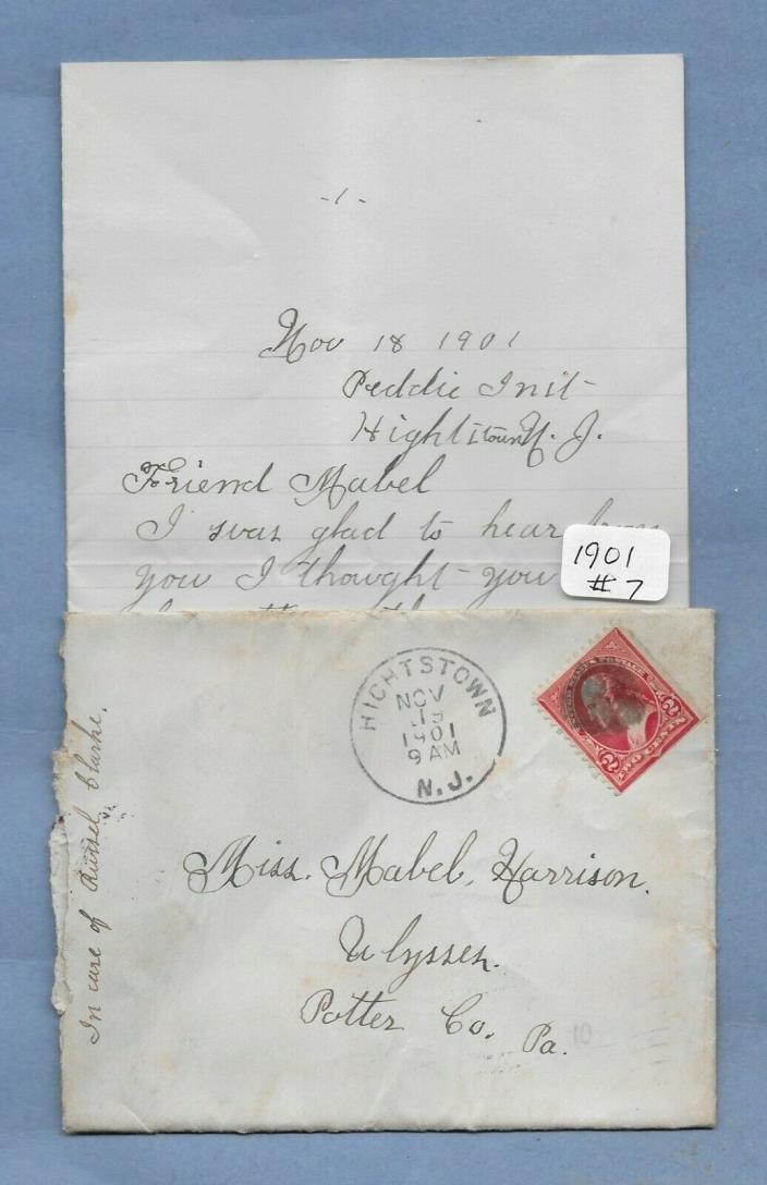 VINTAGE HAND WRITTEN LETTER 1901 ULYSSES PA STAMPED POSTMARKED ENVELOPE #7