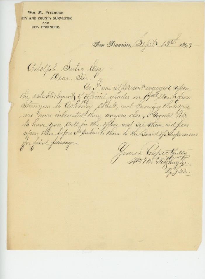 Letter to Adolph Sutro 1893 from Fitzhugh, SF City & County Surveyor