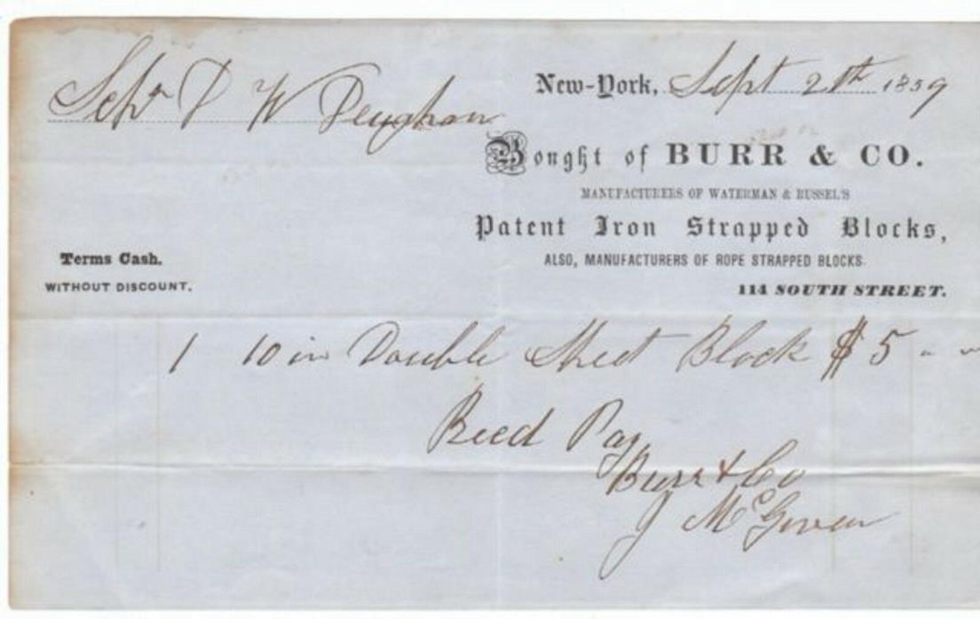 1859 Burr & Co. New York City Billhead Patent Iron Strapped Blocks