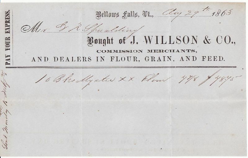 1863 J. Willson & Co. Bellows Falls, VT Billhead Flour, Grain and Feed Dealers