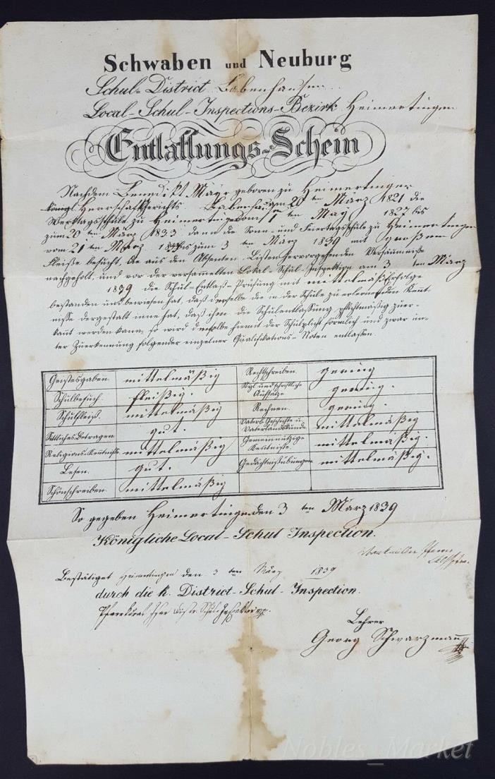 Antique Document Schwaben Neuburg District Inspection Certificate 1839, Bavaria