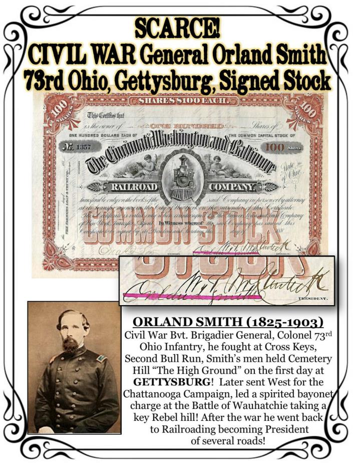 SCARCE! CIVIL WAR General Orland Smith 73rd Ohio, Gettysburg, Signed Stock