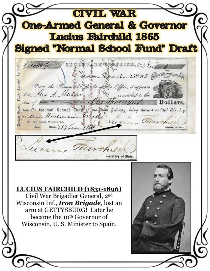 CIVIL WAR General Lucius Fairchild 1865 