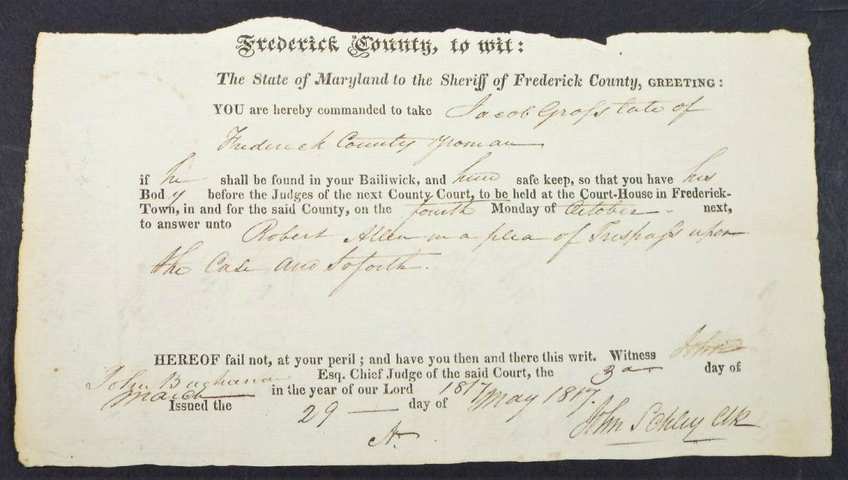 1817 Frederick County Maryland Sheriff Court Legal Document Signed John Buchanan