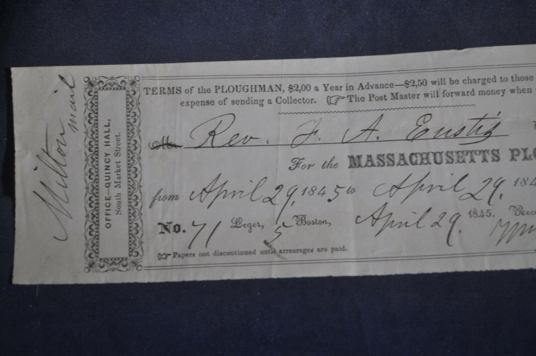 1846 Rev FA Eustis Receipt for the Massachusetts Ploughman Magazine Milton, Mass