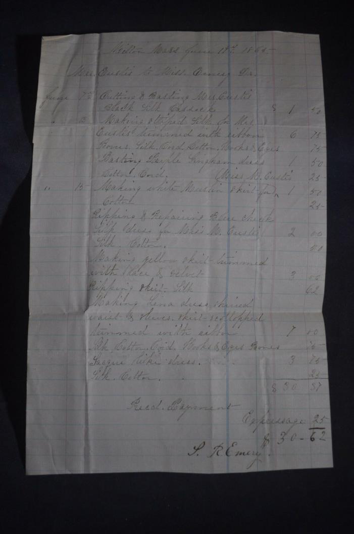 1865 Mrs FA Eustis Receipt for Dresses Made *SUPER DETAILS* Milton Mass