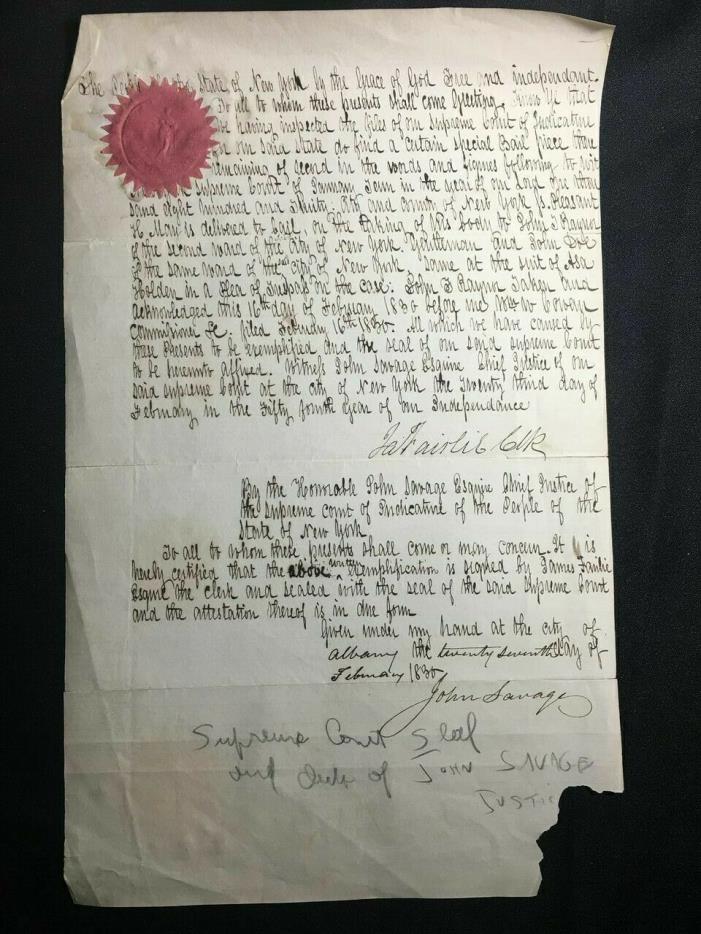 1836 NEW YORK Supreme Court DOCUMENT signed CHIEF JUSTICE John Savage CONGRESS