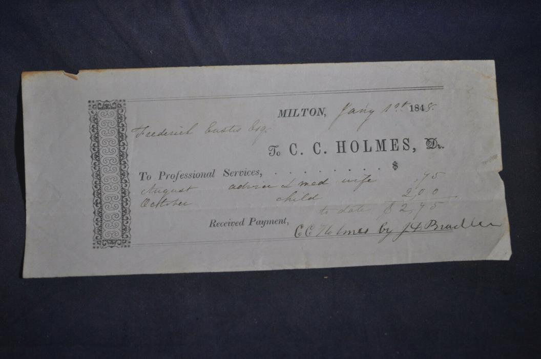 1845 Medical Receipt to Frederick Eustis Milton, Mass